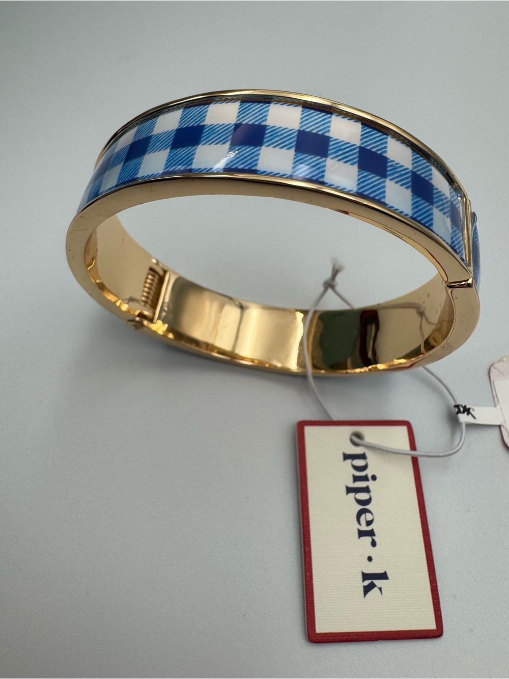piper•k Gold Bracelet with Blue Gingham Inlay